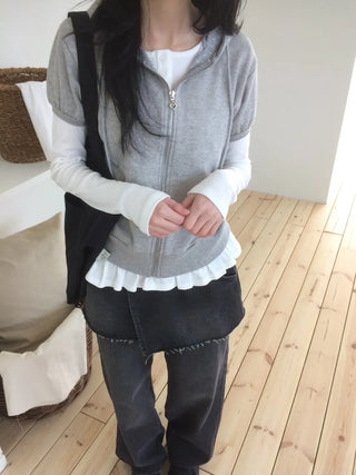 Heart Zipper Dot Color Block Short Sleeve Zip-Up Hoodie