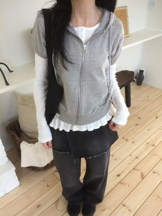 Heart Zipper Dot Color Block Short Sleeve Zip-Up Hoodie