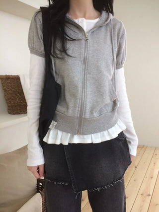 Heart Zipper Dot Color Block Short Sleeve Zip-Up Hoodie
