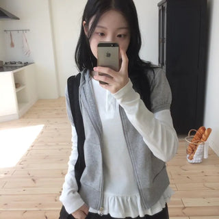 Heart Zipper Dot Color Block Short Sleeve Zip-Up Hoodie