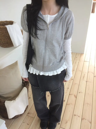 Heart Zipper Dot Color Block Short Sleeve Zip-Up Hoodie
