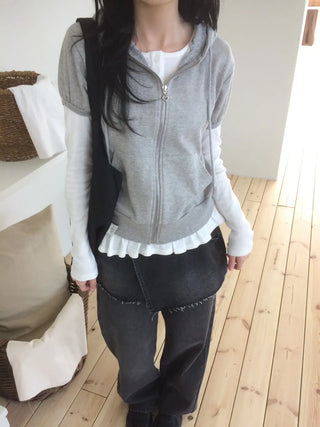 Heart Zipper Dot Color Block Short Sleeve Zip-Up Hoodie