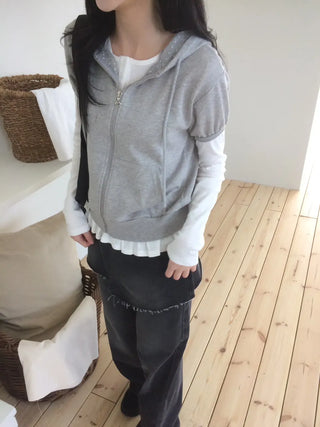 Heart Zipper Dot Color Block Short Sleeve Zip-Up Hoodie