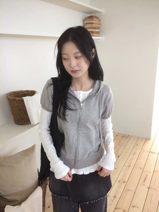 Heart Zipper Dot Color Block Short Sleeve Zip-Up Hoodie