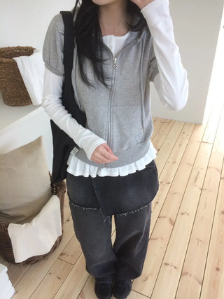 Heart Zipper Dot Color Block Short Sleeve Zip-Up Hoodie