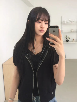 Heart Zipper Dot Color Block Short Sleeve Zip-Up Hoodie