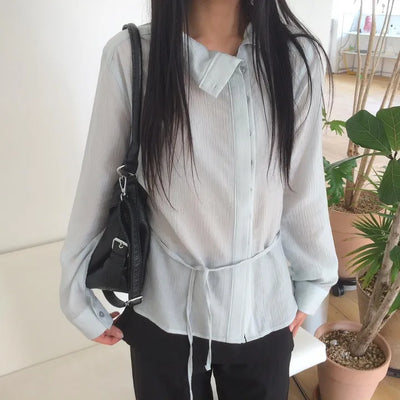 High-neck Hidden Pocket Strap Blouse Shirt