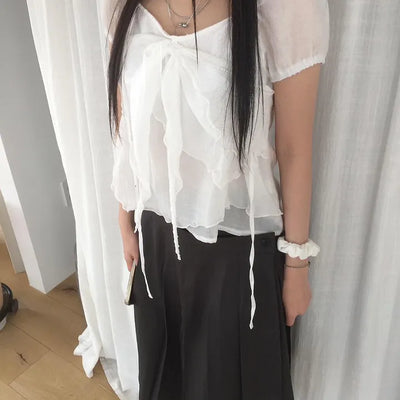 Delicate Summer Ribbon Chiffon Strap Blouse