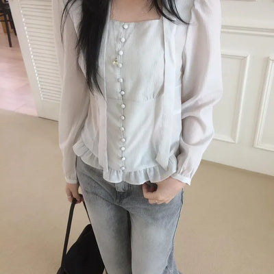 Kongkongi Button Frill Square Tie Blouse