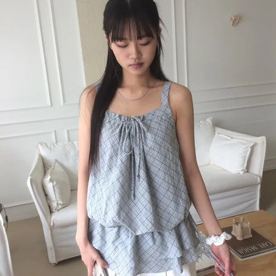 Checked Frill Waist Tie Strap Shirred Sleeveless Blouse