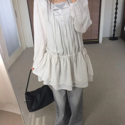 Shirred layered cut strap button long sleeve dress