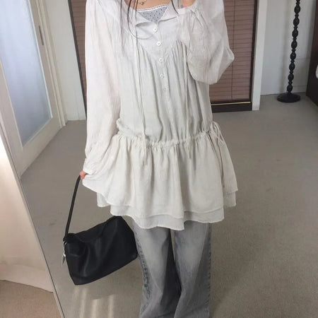 Shirred layered cut strap button long sleeve dress