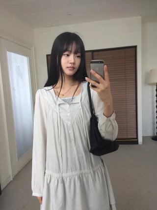Shirred layered cut strap button long sleeve dress