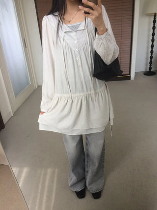 Shirred layered cut strap button long sleeve dress