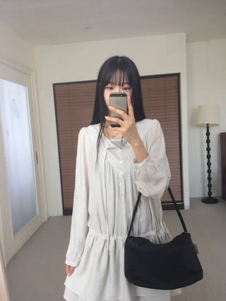 Shirred layered cut strap button long sleeve dress