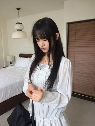 Shirred layered cut strap button long sleeve dress