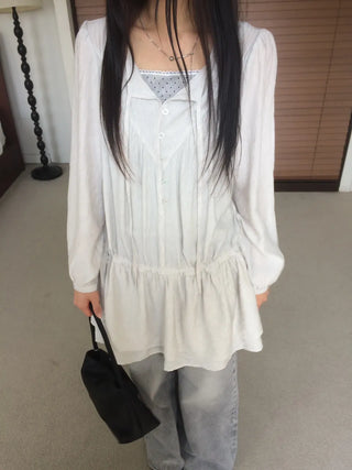 Shirred layered cut strap button long sleeve dress