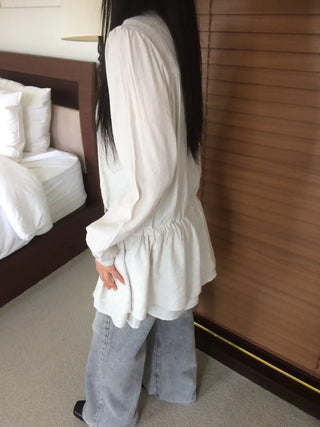 Shirred layered cut strap button long sleeve dress