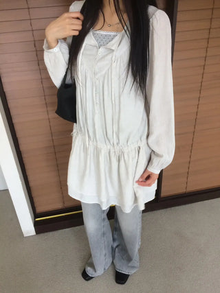 Shirred layered cut strap button long sleeve dress
