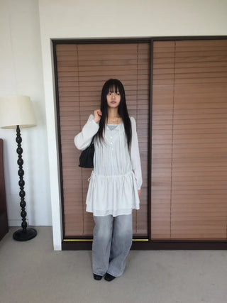 Shirred layered cut strap button long sleeve dress