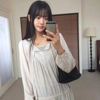 Shirred layered cut strap button long sleeve dress