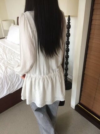 Shirred layered cut strap button long sleeve dress
