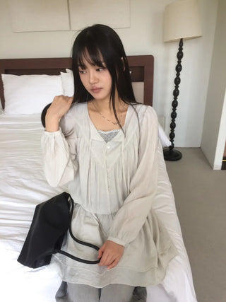 Shirred layered cut strap button long sleeve dress