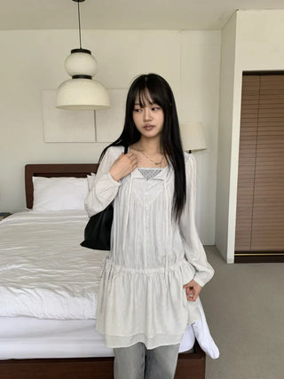 Shirred layered cut strap button long sleeve dress