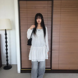 Shirred layered cut strap button long sleeve dress
