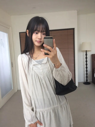 Shirred layered cut strap button long sleeve dress