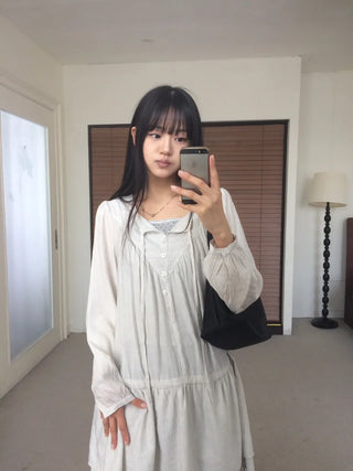 Shirred layered cut strap button long sleeve dress