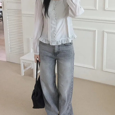 Grey mid-low rise wide-wash denim