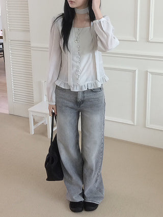 Grey mid-low rise wide-wash denim