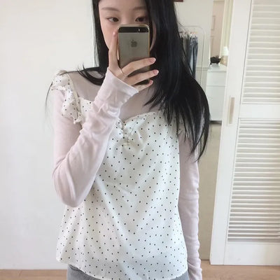 Dot Frill Butterfly Shirred Sleeveless Blouse
