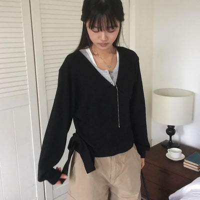 Wrap Loose Popcorn V-Neck Strap Cardigan