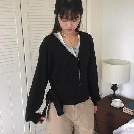 Wrap Loose Popcorn V-Neck Strap Cardigan