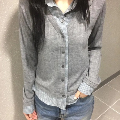 Color-blocked ribbed check shirt layered cardigan