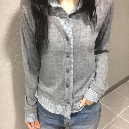 Color-blocked ribbed check shirt layered cardigan