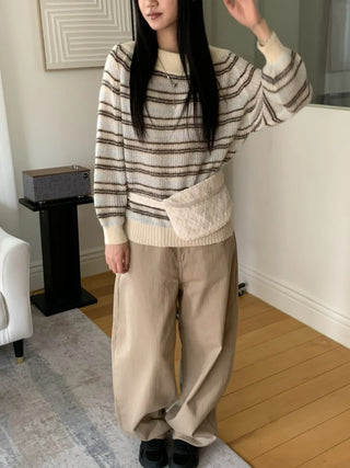 Herringbone Semi-Balloon Front Pocket Wide Pants