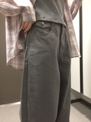 Herringbone Semi-Balloon Front Pocket Wide Pants