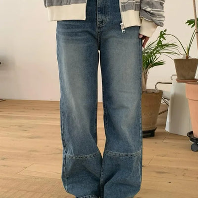 Cut-out wide dark blue washed straight denim