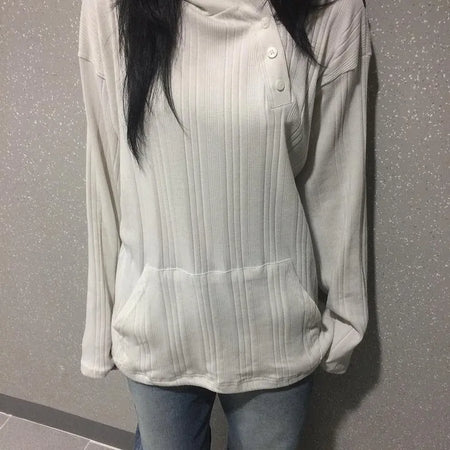 Ribbed String Two-Way Asymmetrical Button Hoodie