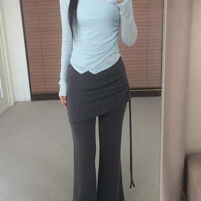 Wrap Shirred Bootcut Ribbed Elastic Skirt-Pants