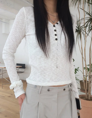 Ribbed V-neck Button Detail Delicate Long Sleeve T-shirt
