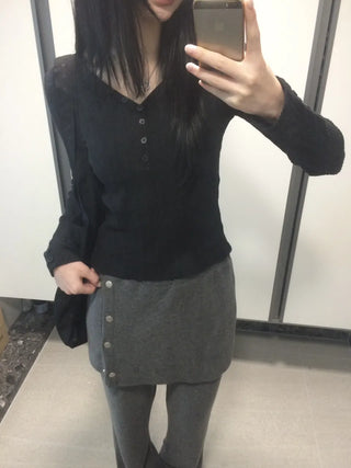Ribbed V-neck Button Detail Delicate Long Sleeve T-shirt