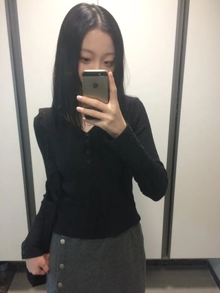 Ribbed V-neck Button Detail Delicate Long Sleeve T-shirt