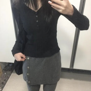 Ribbed V-neck Button Detail Delicate Long Sleeve T-shirt