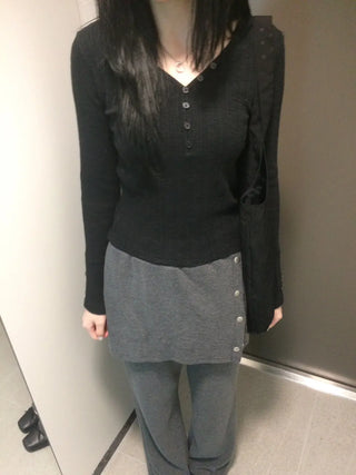 Ribbed V-neck Button Detail Delicate Long Sleeve T-shirt