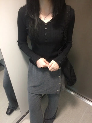 Ribbed V-neck Button Detail Delicate Long Sleeve T-shirt