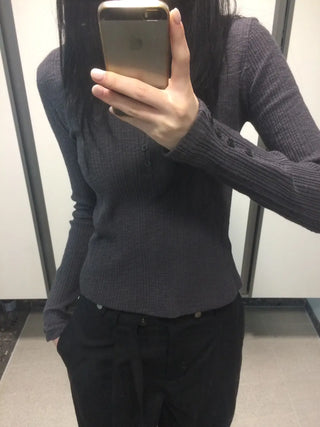 Ribbed V-neck Button Detail Delicate Long Sleeve T-shirt